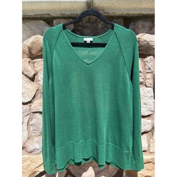 J Jill Silk Cotton Sweater V-neck Large Green Long Sleeve - Picture 1 of 5